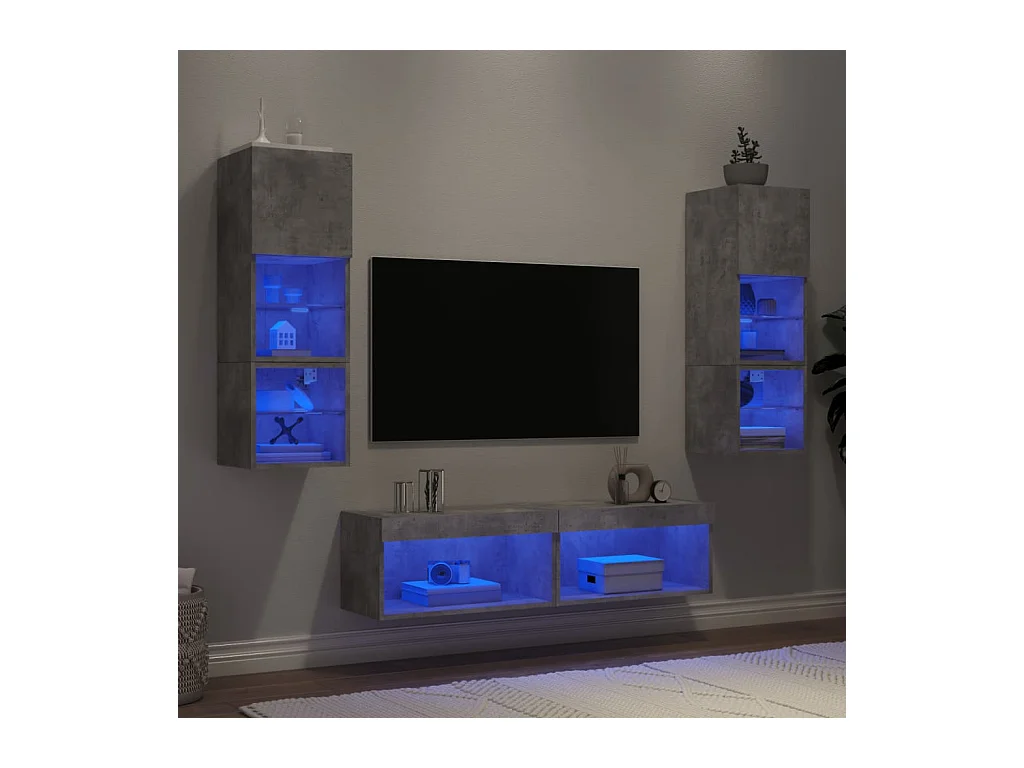 6-delige Tv-wandmeubelset met LED bewerkt hout betongrijs