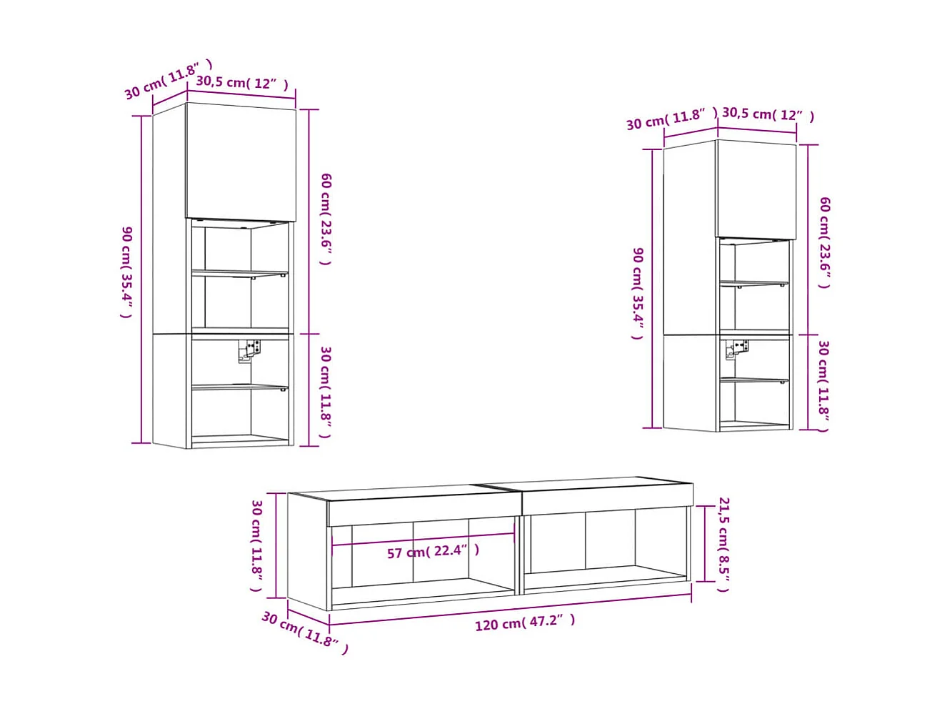 Unités murales TV avec LED 6 pcs gris béton bois d'ingénierie