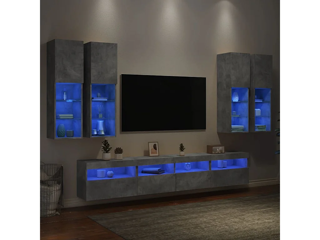 Ensemble de meubles TV muraux 7pcs et lumières LED gris béton