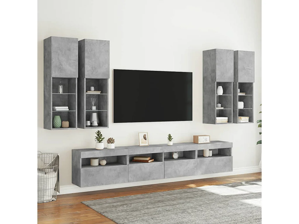 Ensemble de meubles TV muraux 7pcs et lumières LED gris béton