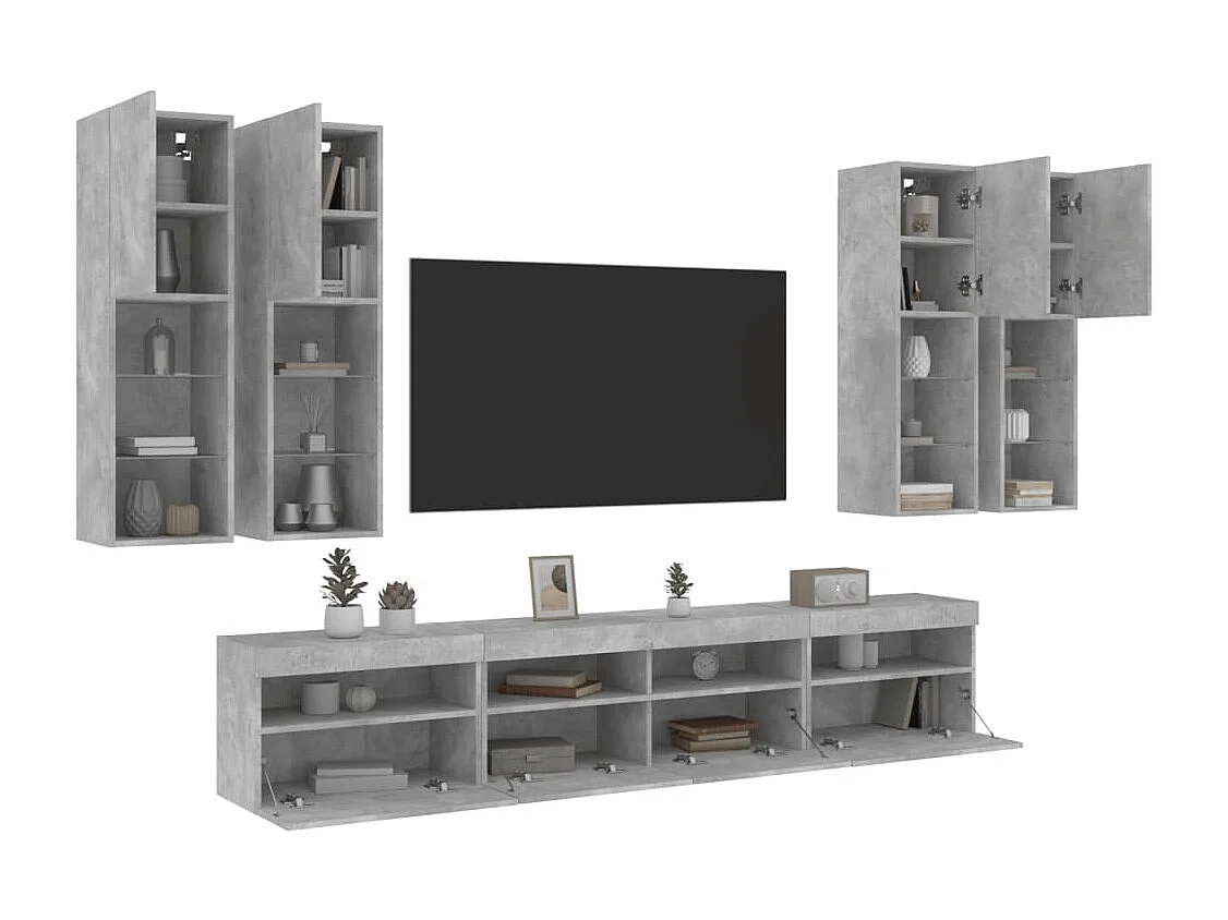 Ensemble de meubles TV muraux 7pcs et lumières LED gris béton