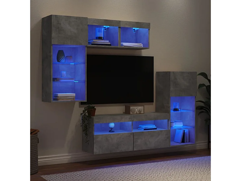 Mobili TV a Muro con LED 5pz Grigio Cemento Legno Multistrato