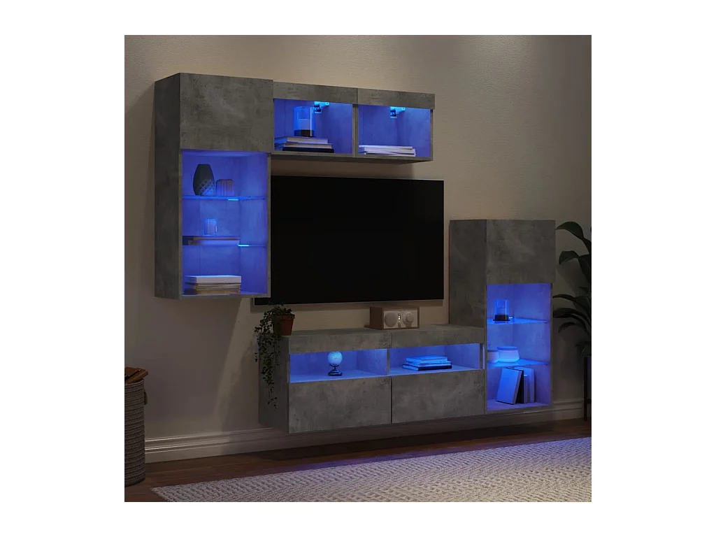 Unités murales TV avec LED 5 pcs gris béton bois d'ingénierie