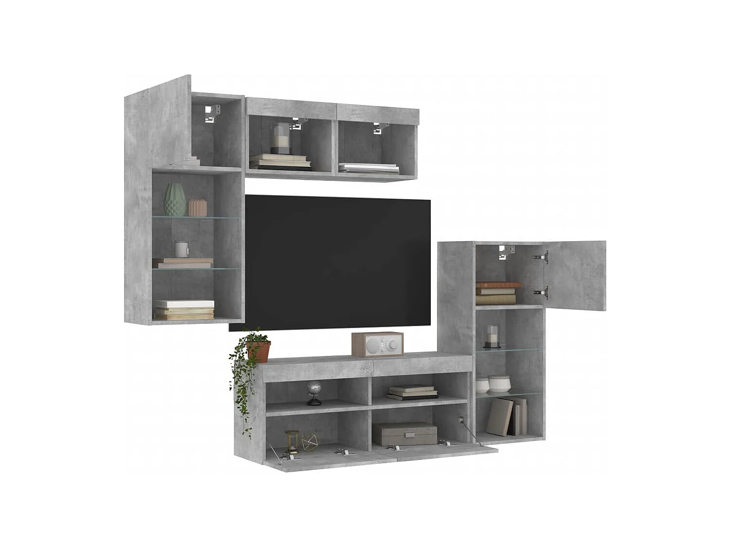 Unités murales TV avec LED 5 pcs gris béton bois d'ingénierie