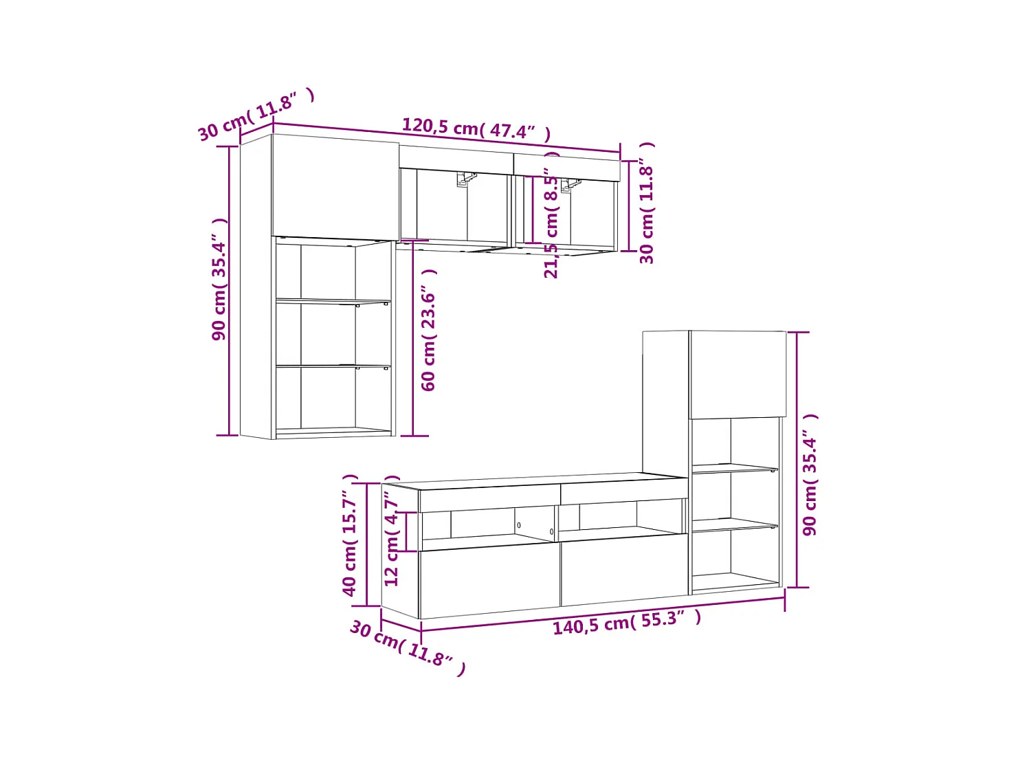Unités murales TV avec LED 5 pcs gris béton bois d'ingénierie