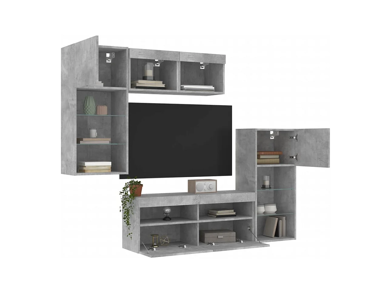 Unités murales TV avec LED 5 pcs gris béton bois d'ingénierie