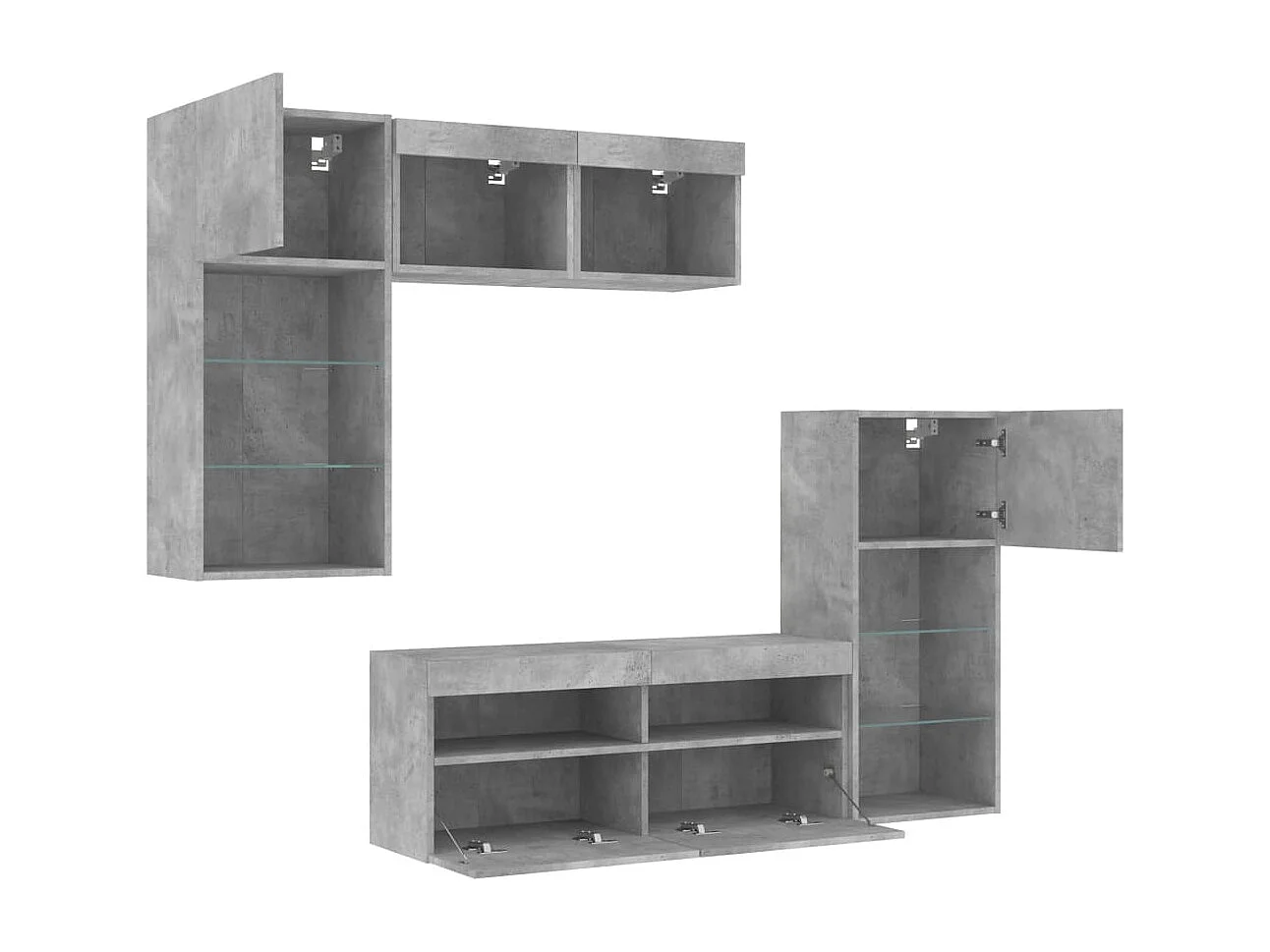 Unités murales TV avec LED 5 pcs gris béton bois d'ingénierie