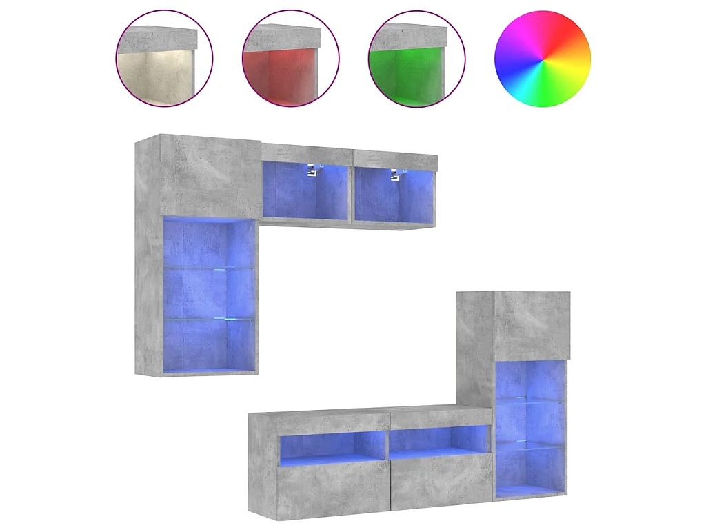 Mobili TV a Muro con LED 5pz Grigio Cemento Legno Multistrato