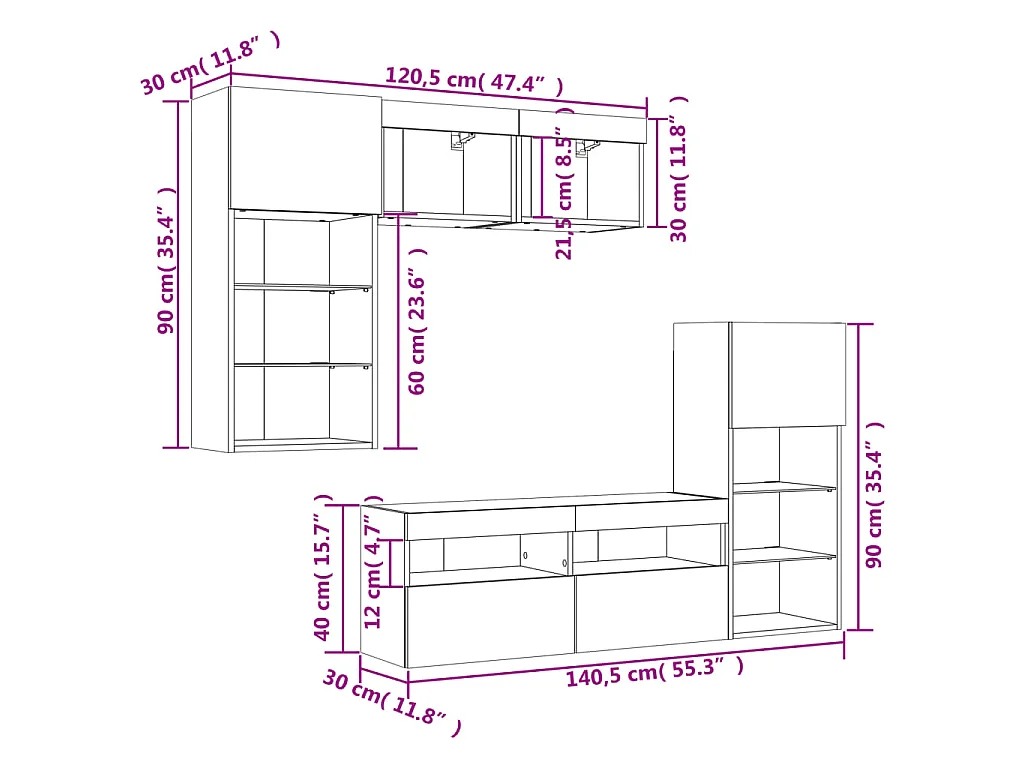 Mobili TV a Muro con LED 5pz Grigio Cemento Legno Multistrato