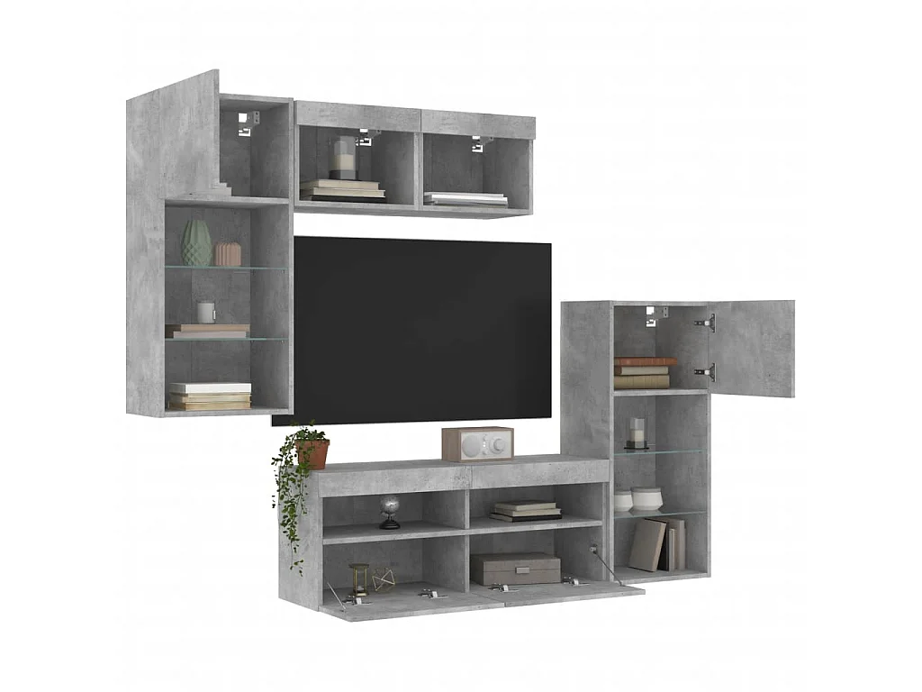 Mobili TV a Muro con LED 5pz Grigio Cemento Legno Multistrato