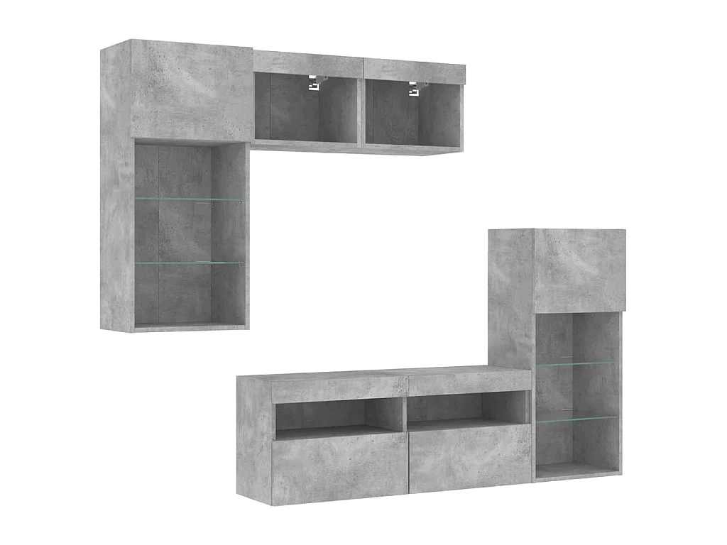 Mobili TV a Muro con LED 5pz Grigio Cemento Legno Multistrato