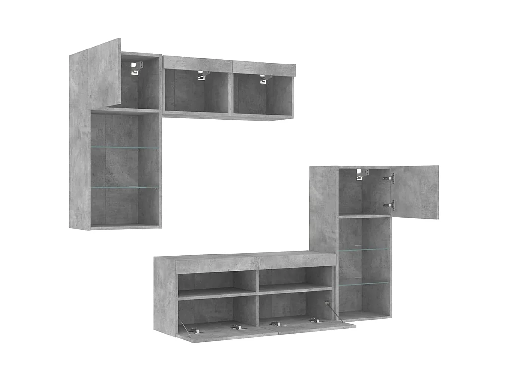 Mobili TV a Muro con LED 5pz Grigio Cemento Legno Multistrato