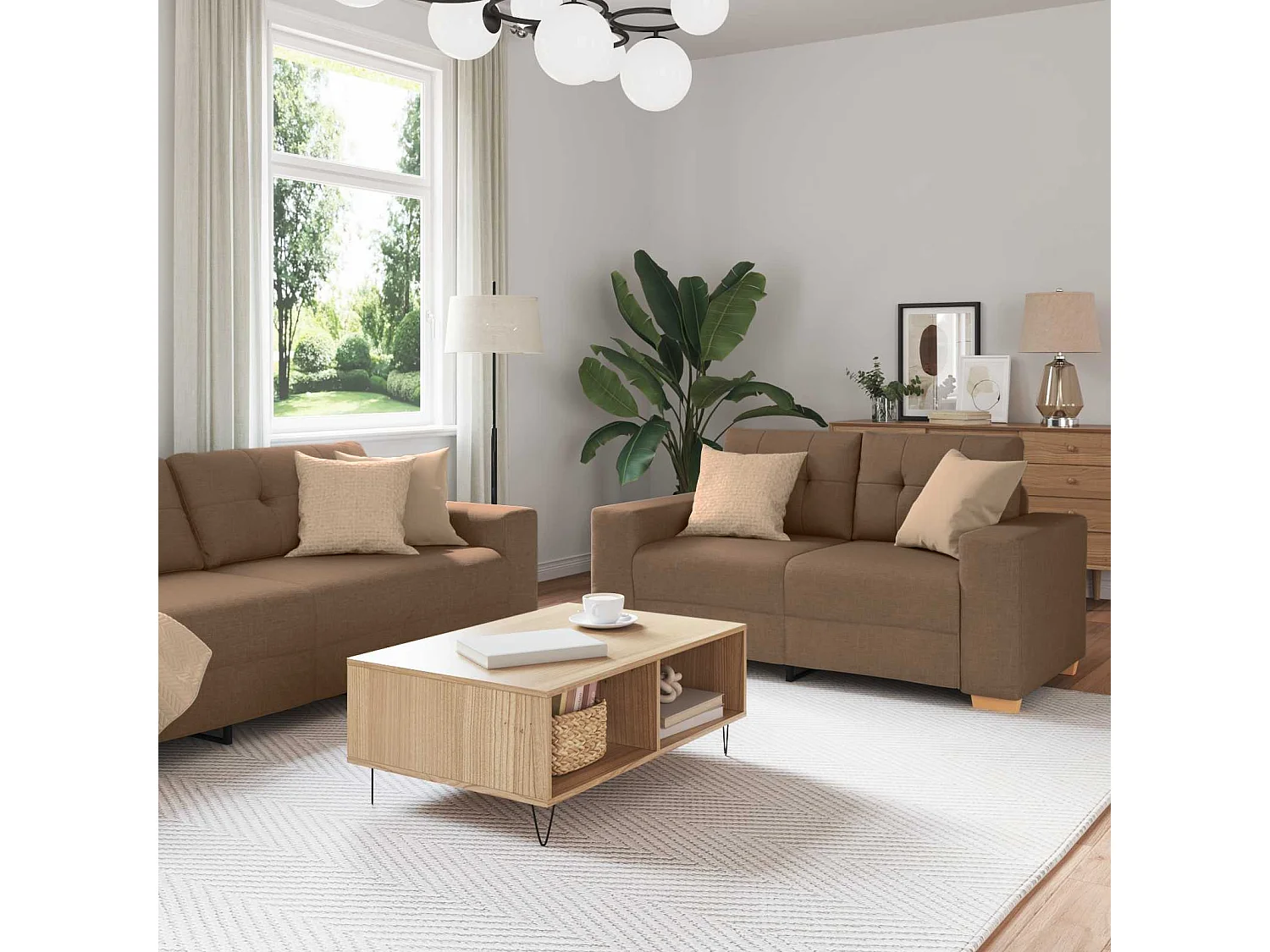 Divano 2 pcs Marrone Tessuto misto lino