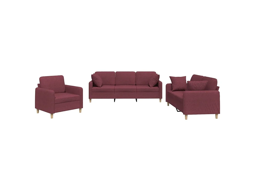 Ensemble de canapés 3 pcs avec coussins rouge bordeaux tissu