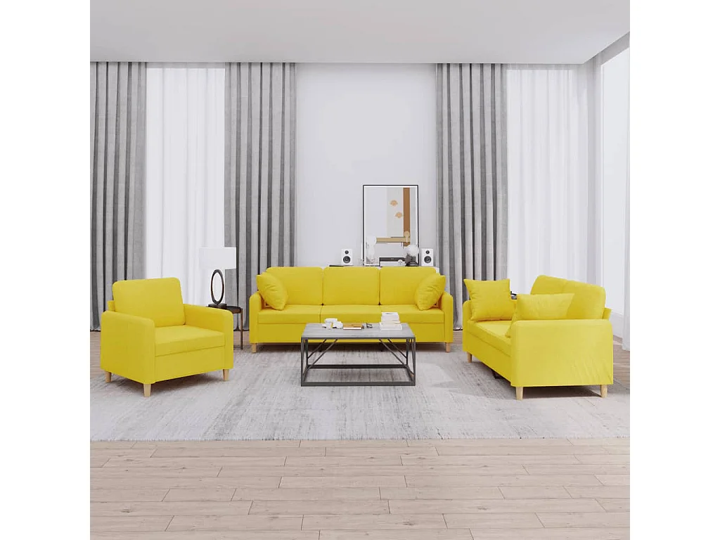 3 pcs conjunto de sofás com almofadas tecido amarelo-claro