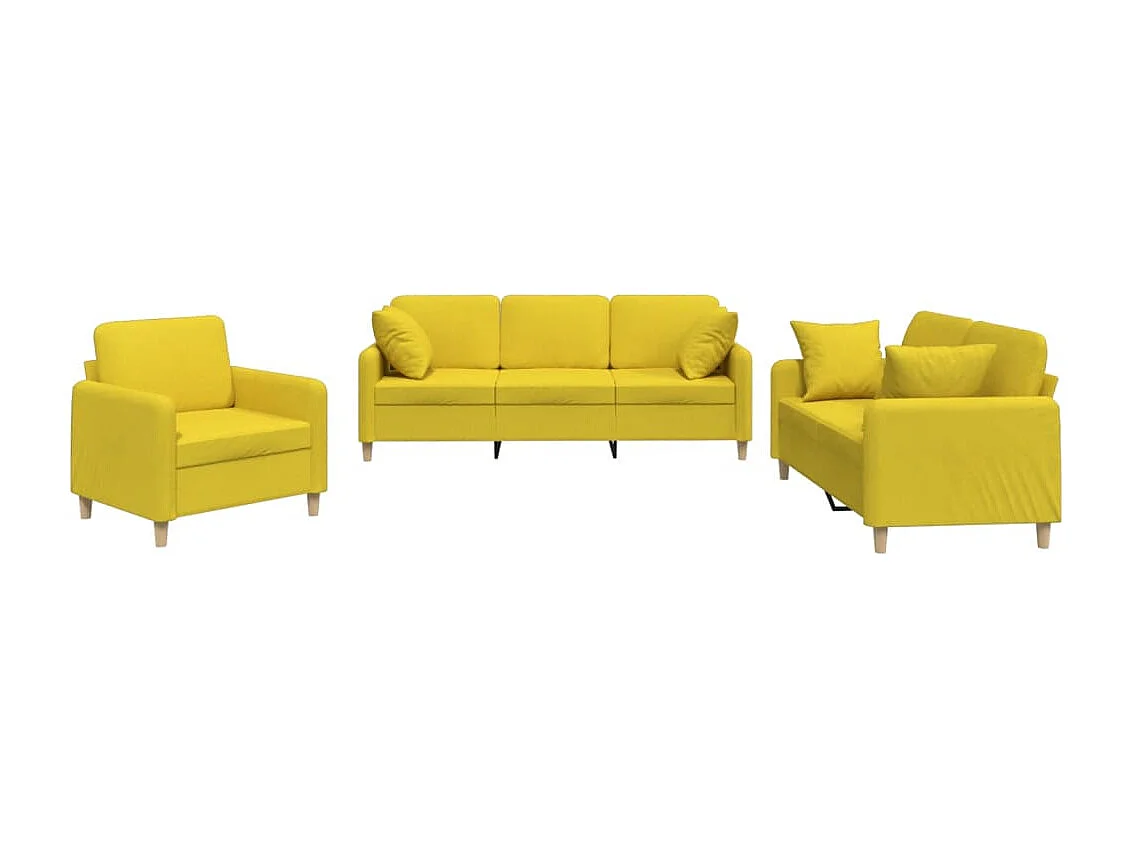 3 pcs conjunto de sofás com almofadas tecido amarelo-claro