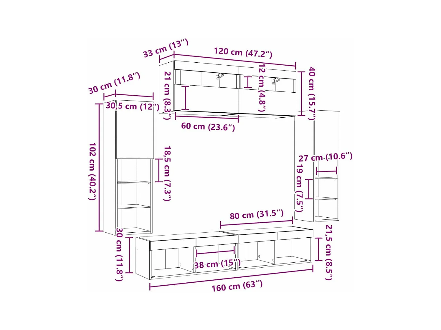 TV-Wandregal-Set 6 pcs Eiche handwerklich 30.5 x 30 x 102 cm