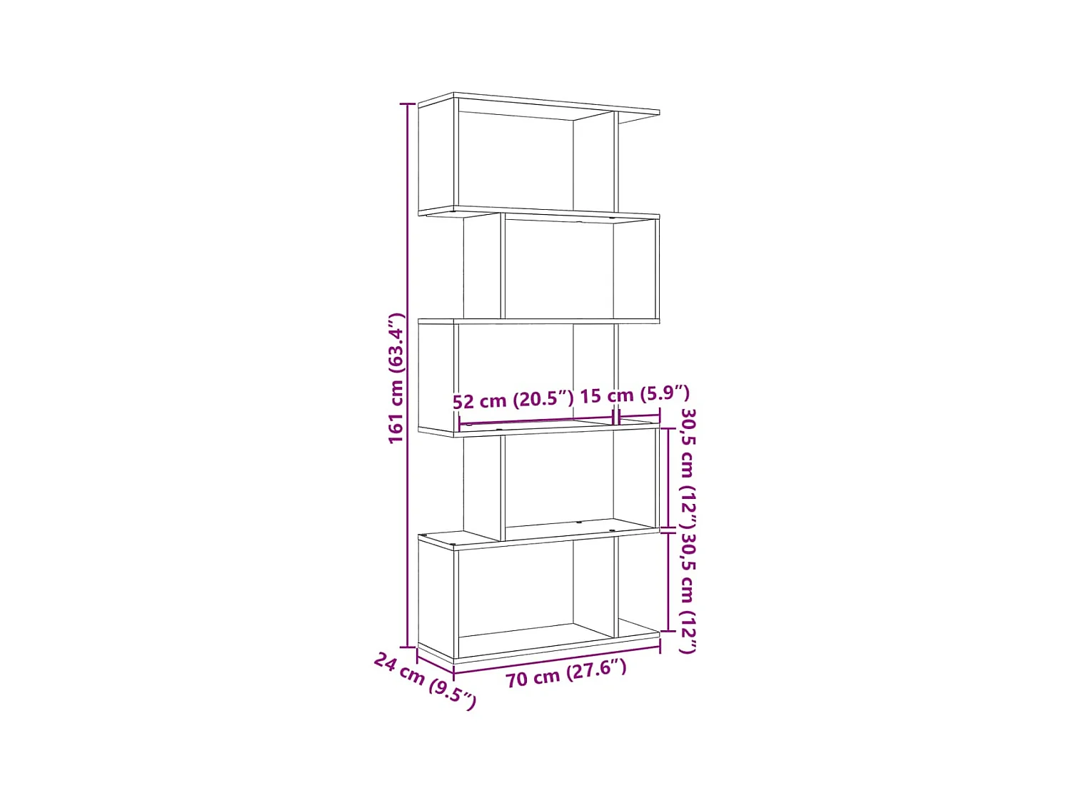 Étagère séparatrice de pièce à 5 niveaux vieux bois 70x24x161cm