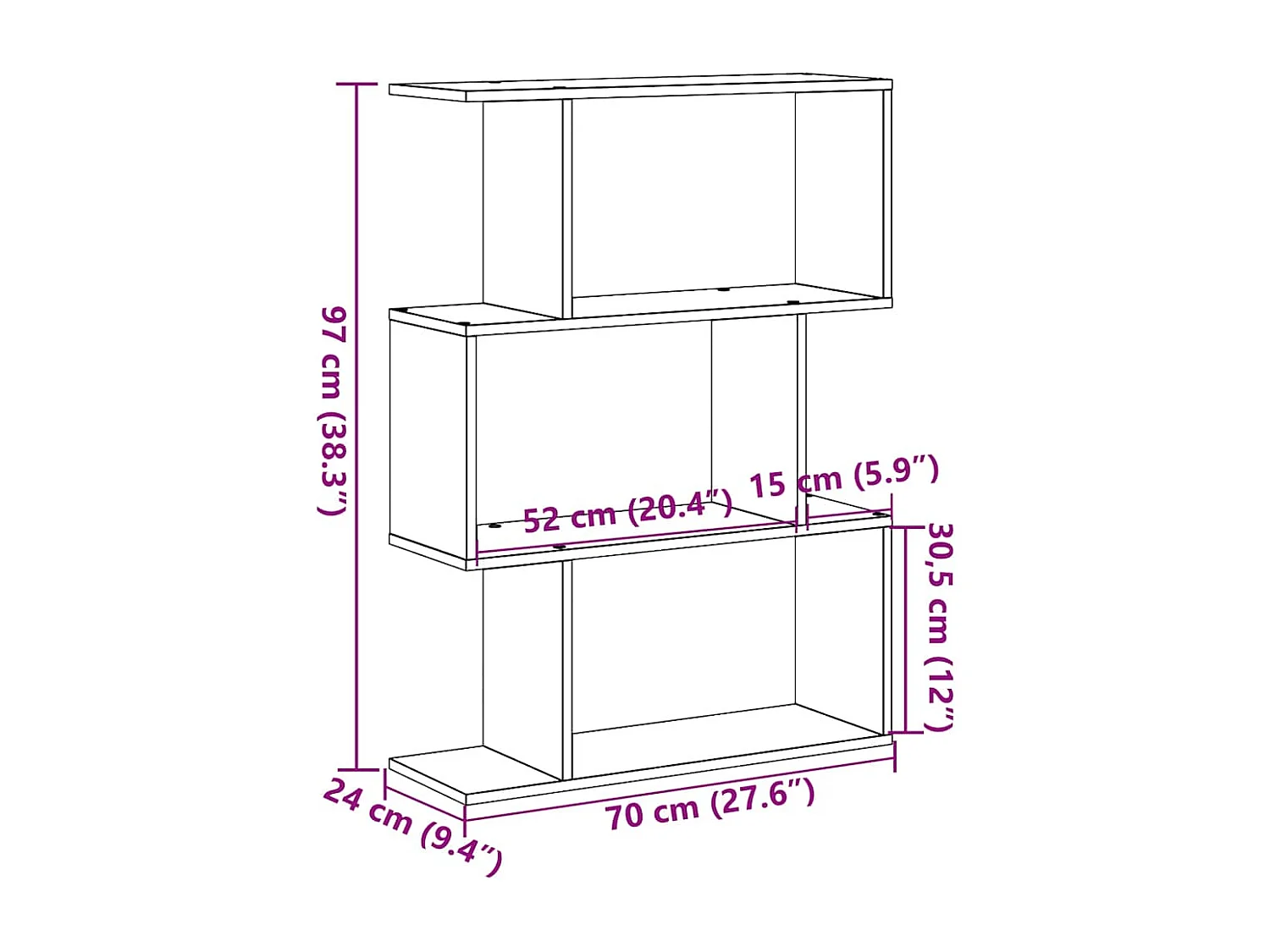 Étagère séparatrice de pièce à 3 niveaux chêne artisanal