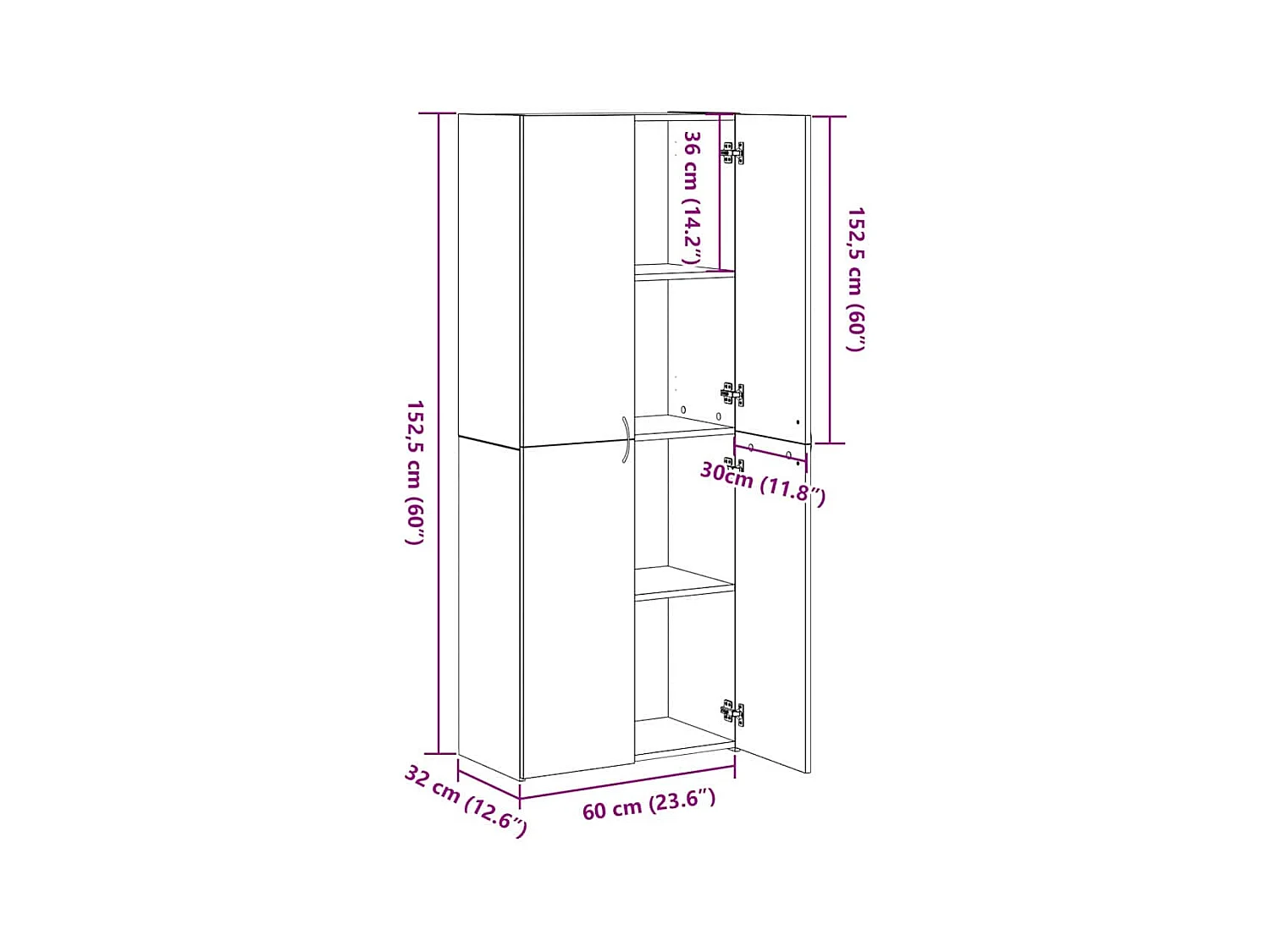 Gabinete Alto Negro Roble de - 60 x 32 x 153 cm - Madera de calidad