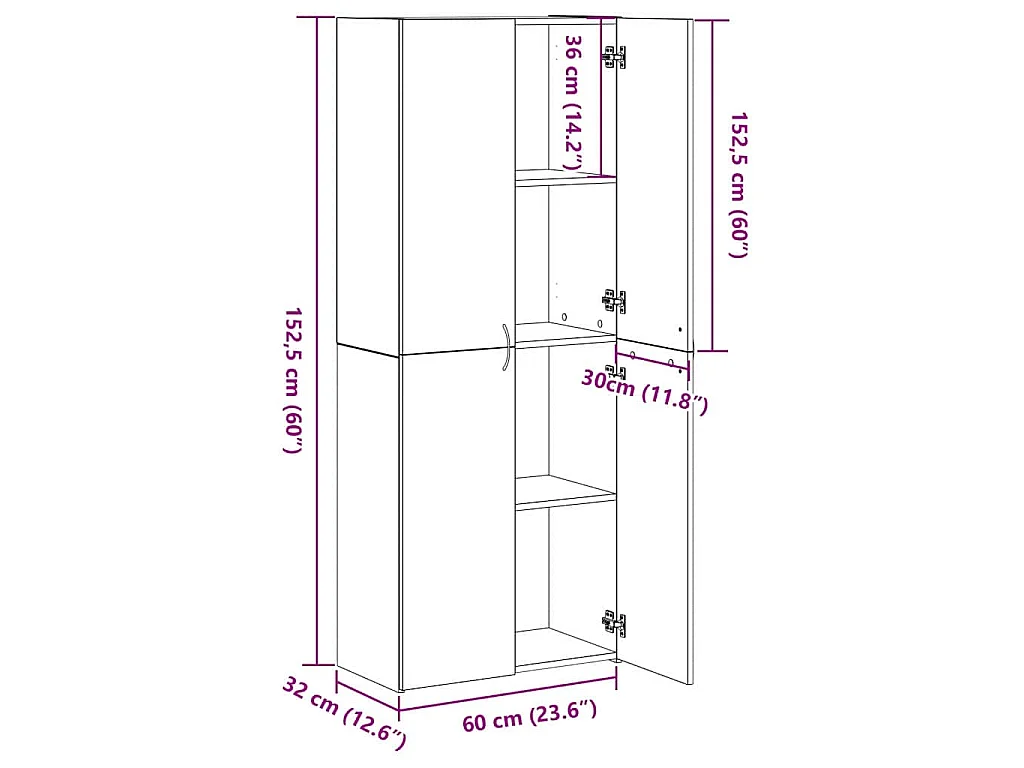 Kantoorkast Zwart Eiken 60 x 32 x 152,5 cm Bewerkt hout