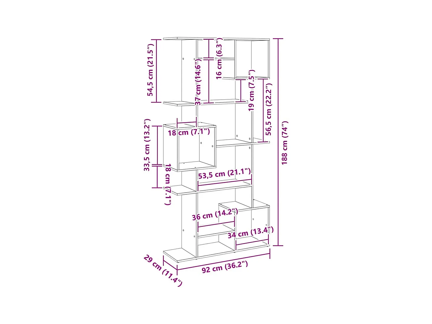 Boekenkast 92x29x188 cm bewerkt hout artisanaal eikenkleur