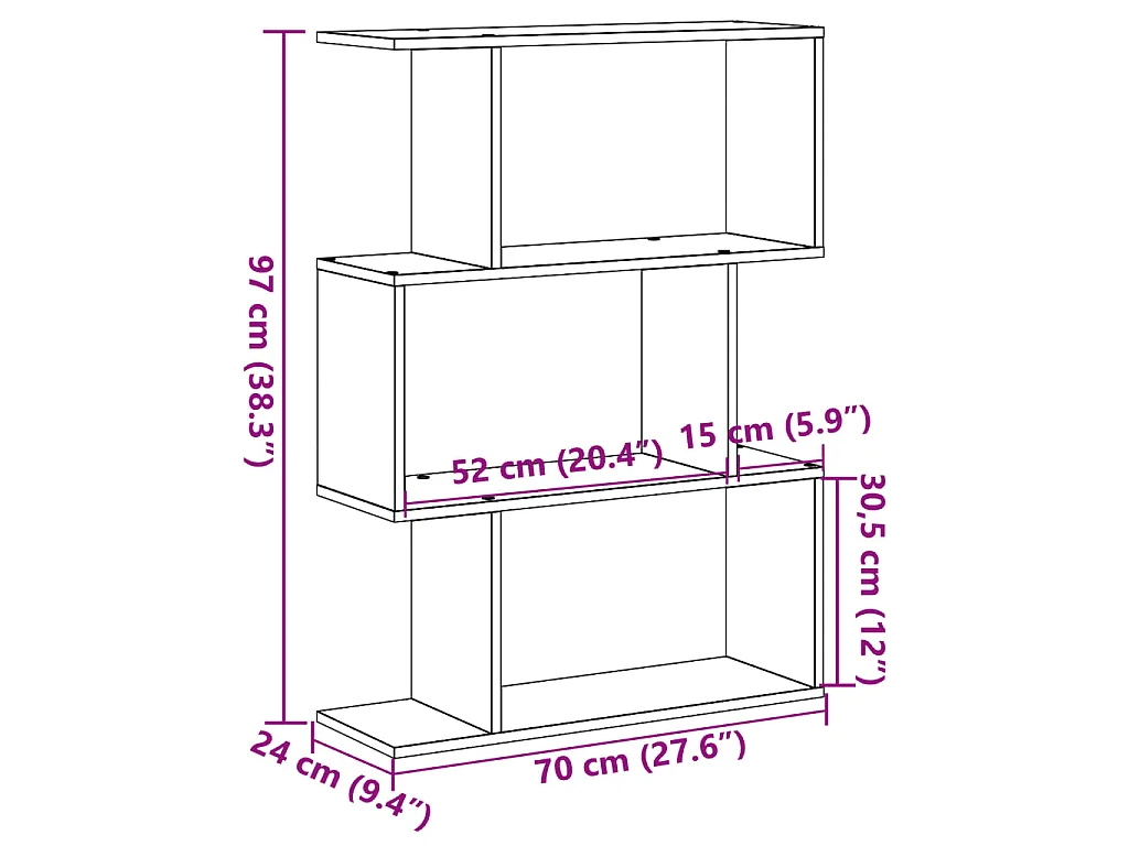 Kamerscherm / boekenkast 3-laags 70x24x97 cm hout gerookt eik