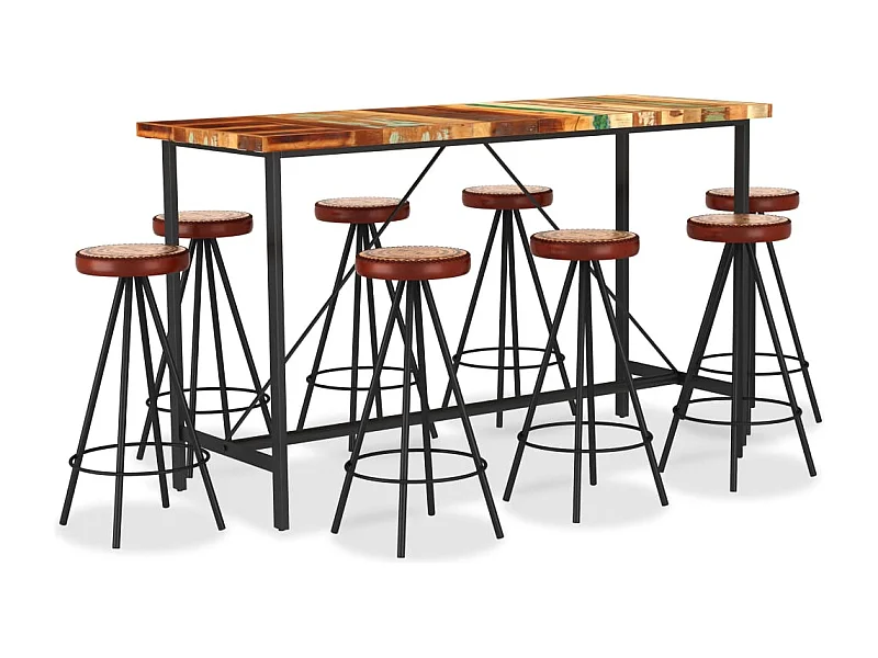 Ensemble de bar 9 pcs Bois de récupération et cuir véritable