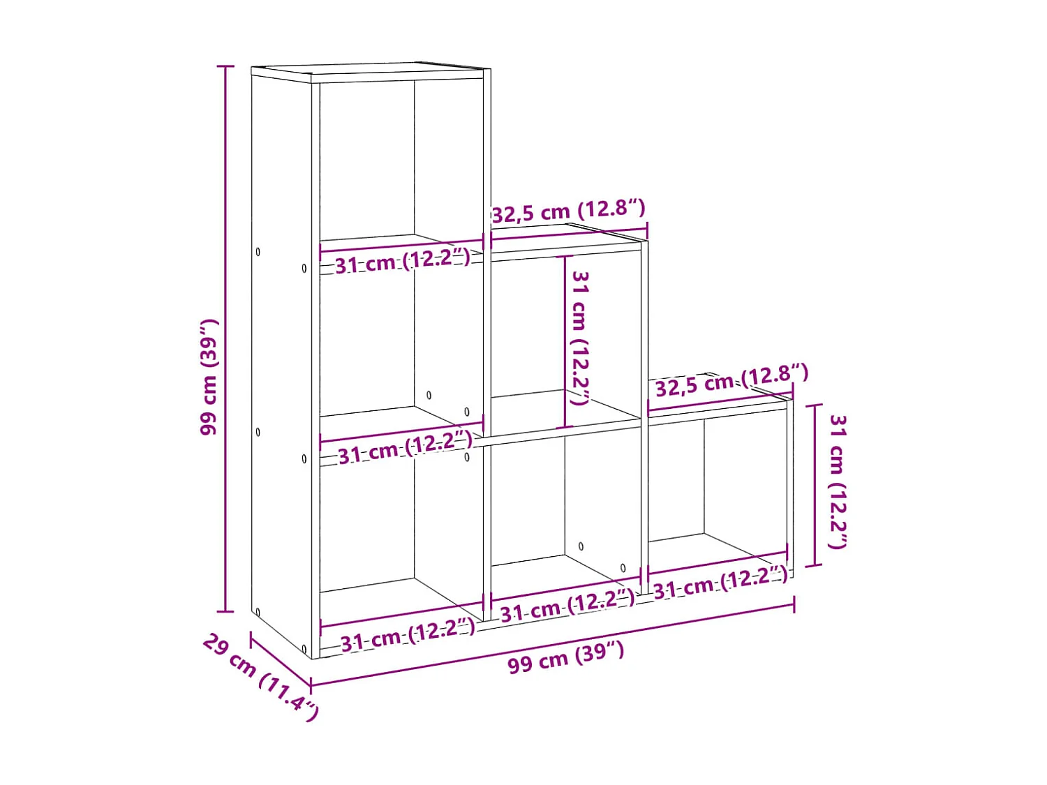 Librería divisor 3 niveles madera roble artisan 99x29x99 cm