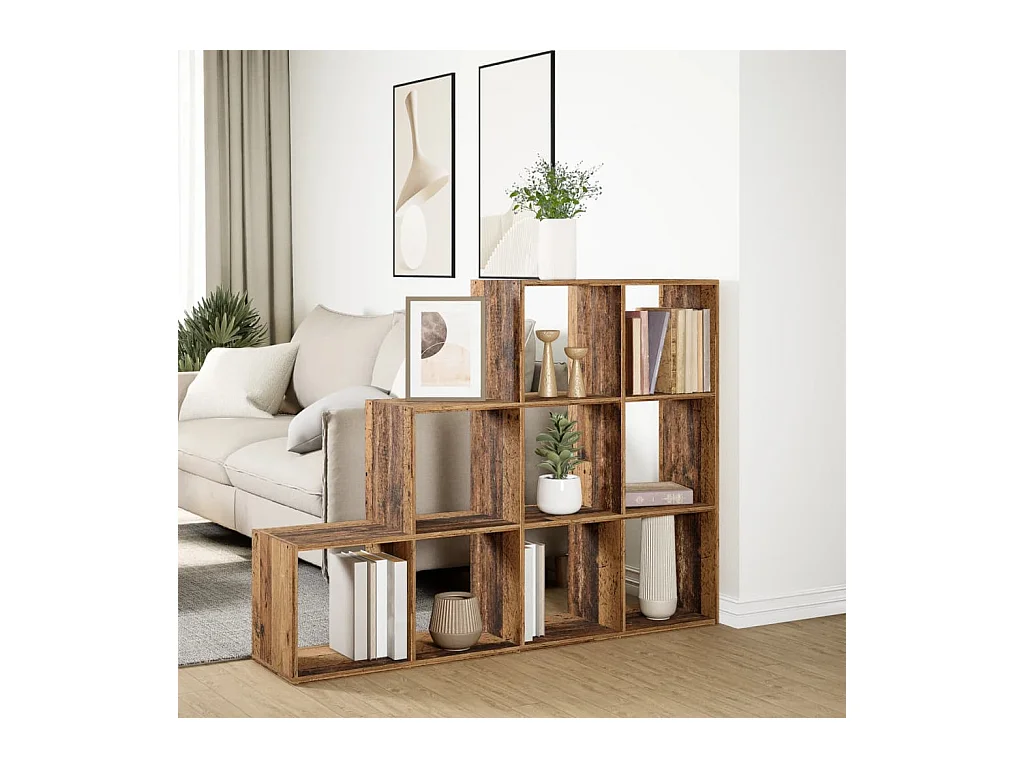 Étagère séparatrice de pièce à 3 niveaux vieux bois