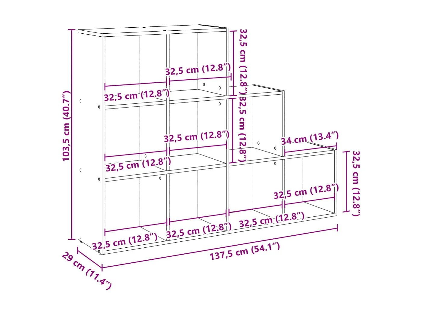 Librería divisora 3 niveles madera envejecida 137,5x29x103,5 cm