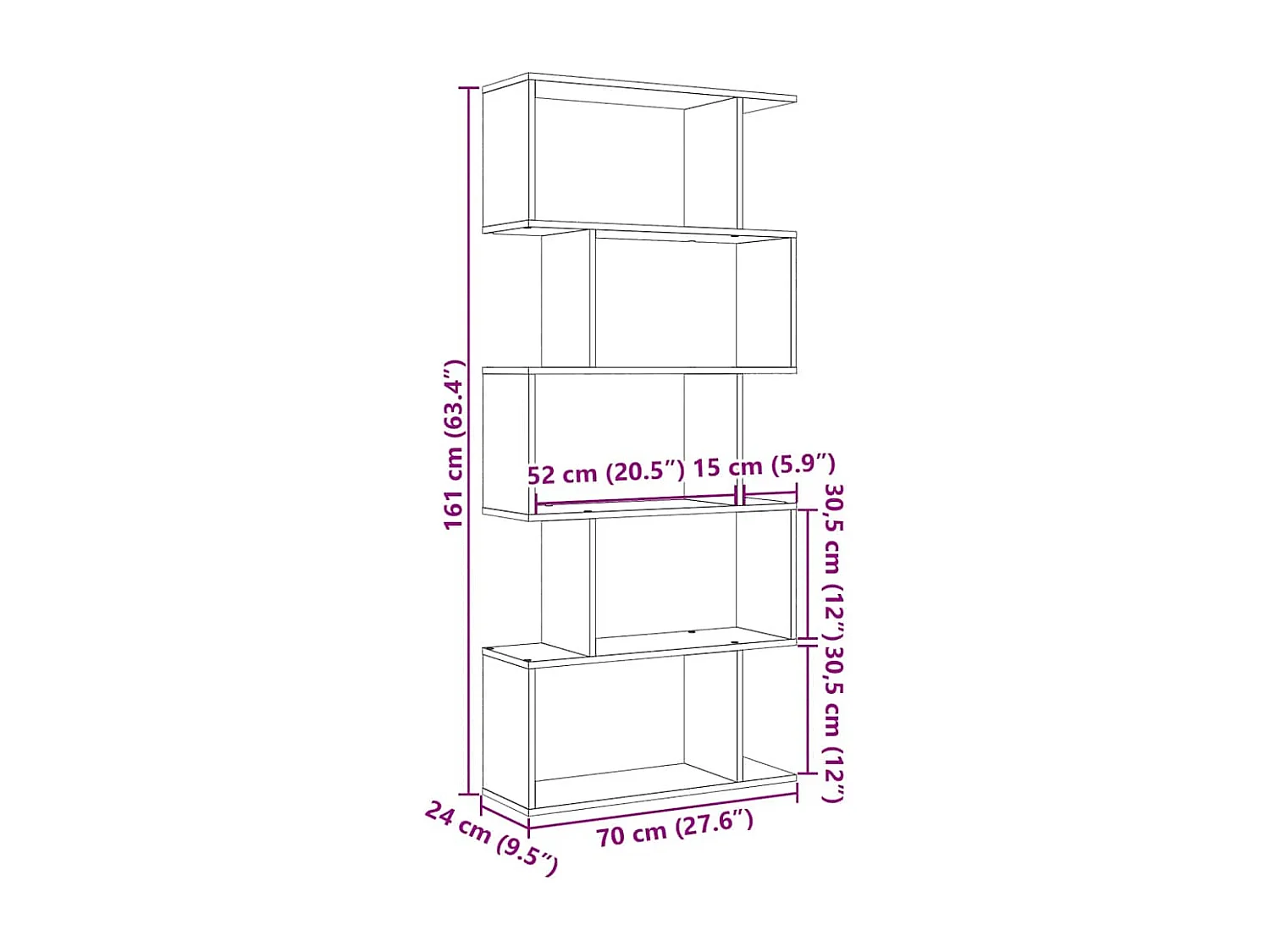 Étagère séparatrice de pièce à 5 niveaux chêne fumé 70x24x161cm