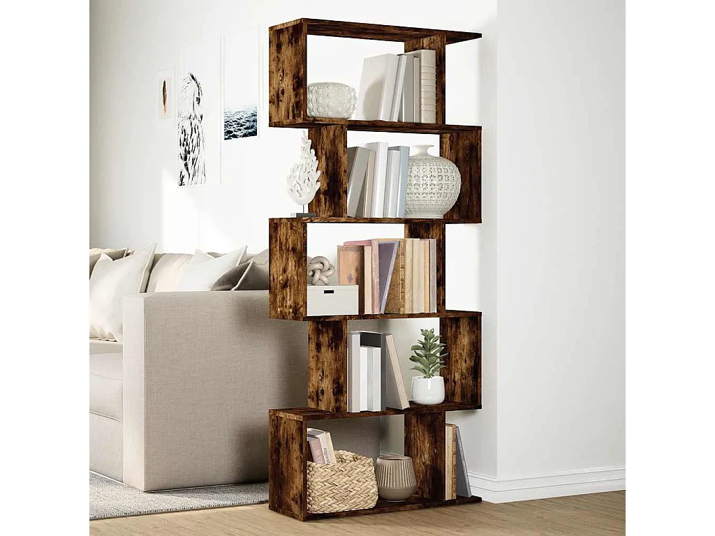 Étagère séparatrice de pièce à 5 niveaux chêne fumé 70x24x161cm