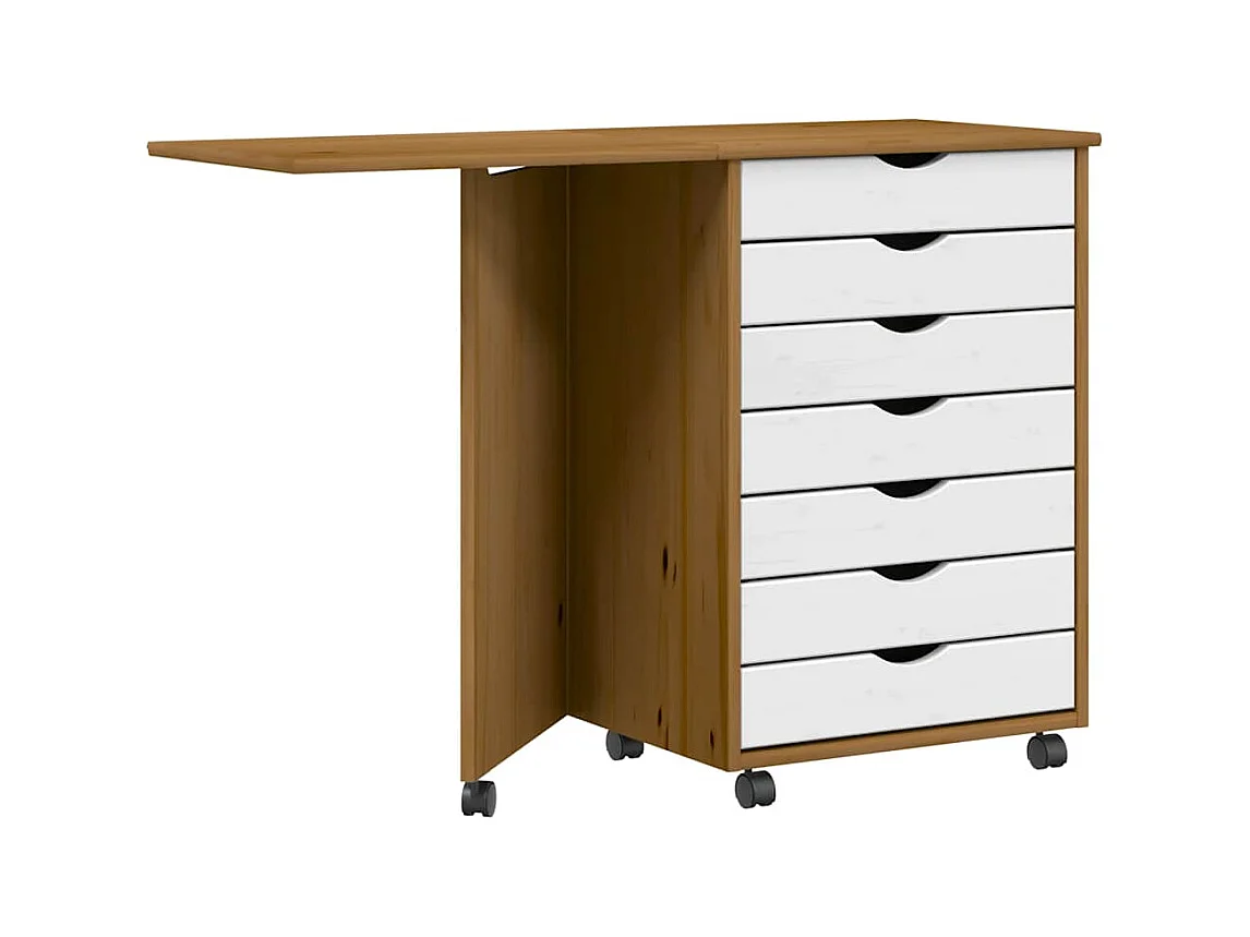 Armoire roulante avec bureau MOSS marron miel bois de pin