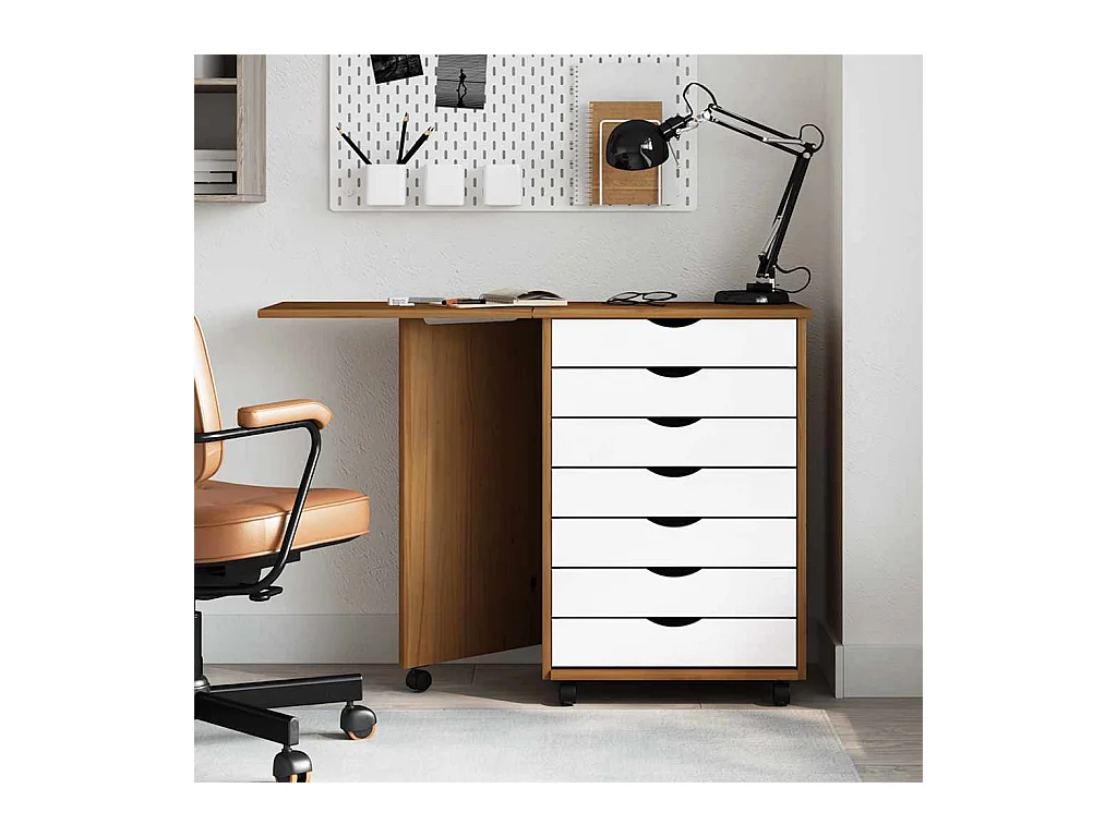 Armoire roulante avec bureau MOSS marron miel bois de pin