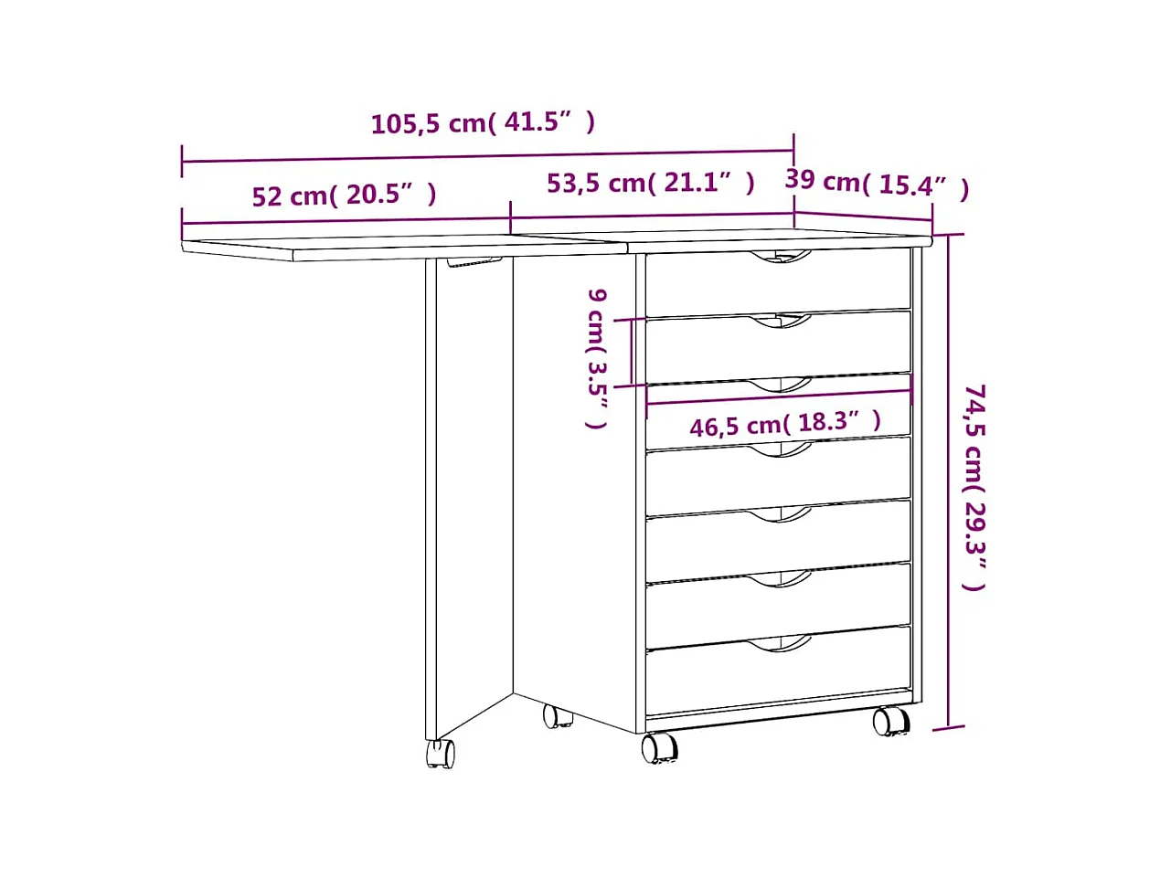 Armoire roulante avec bureau MOSS marron miel bois de pin