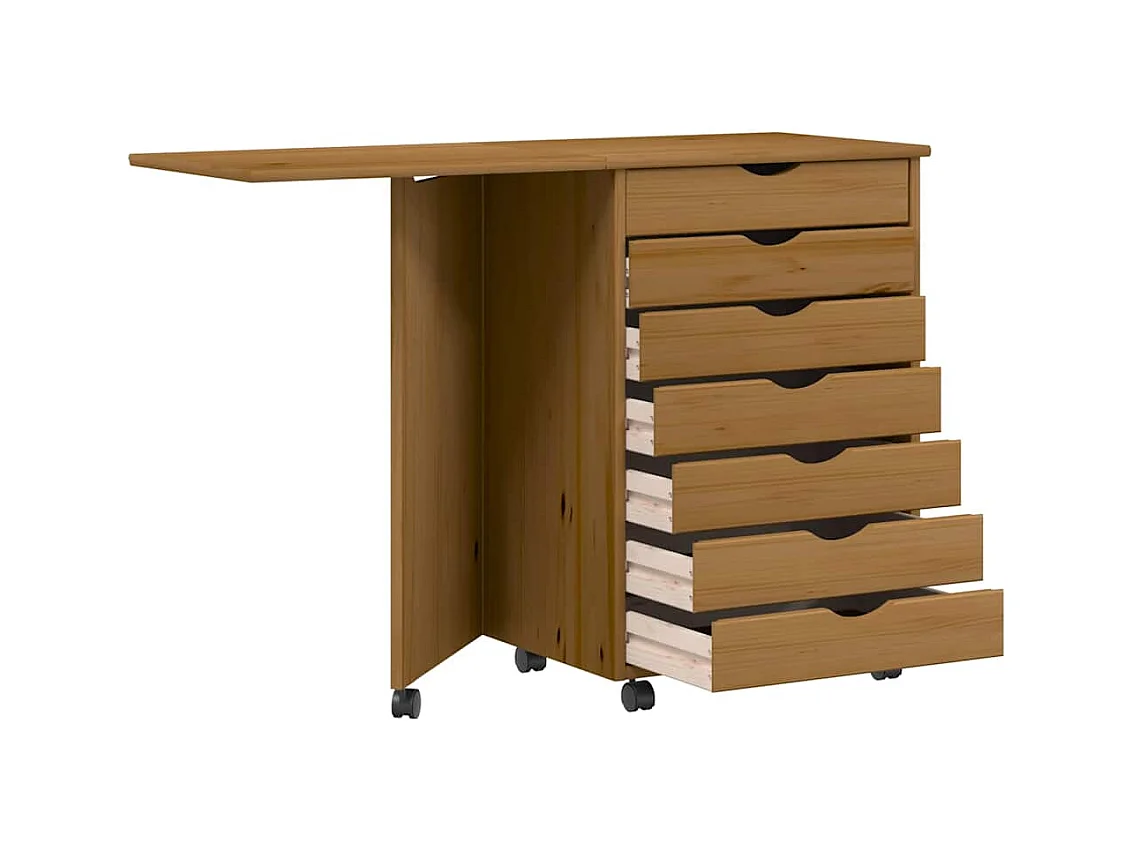 Armoire roulante avec bureau MOSS marron miel bois de pin