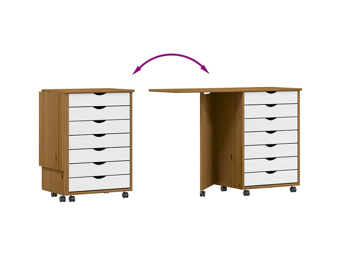 Armoire roulante avec bureau MOSS marron miel bois de pin