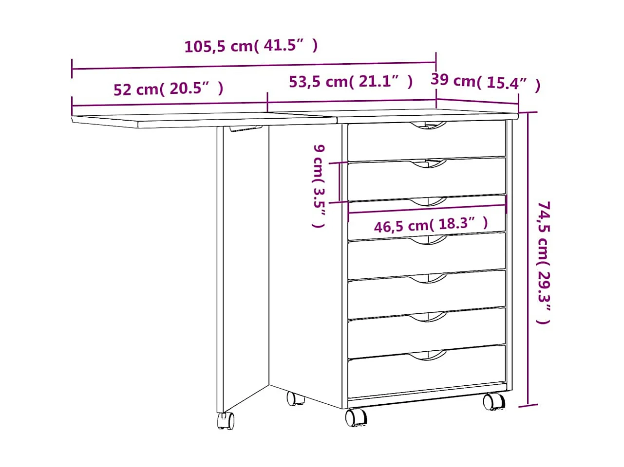 Armoire roulante avec bureau MOSS marron miel bois de pin