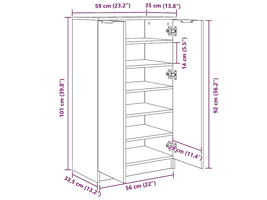 Nowoczesna szafka na buty z czarnego dębu 59x35x100 cm, 6 półek, matowe wykończenie, praktyczne i trwałe przechowywanie