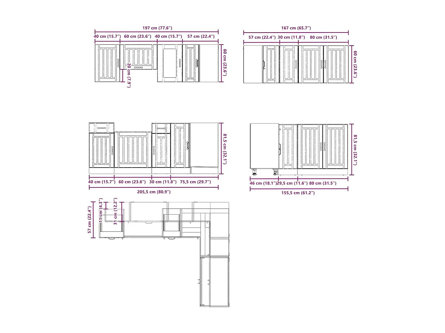11 peças armário de cozinha conjunto Kalmar cinza sonoma