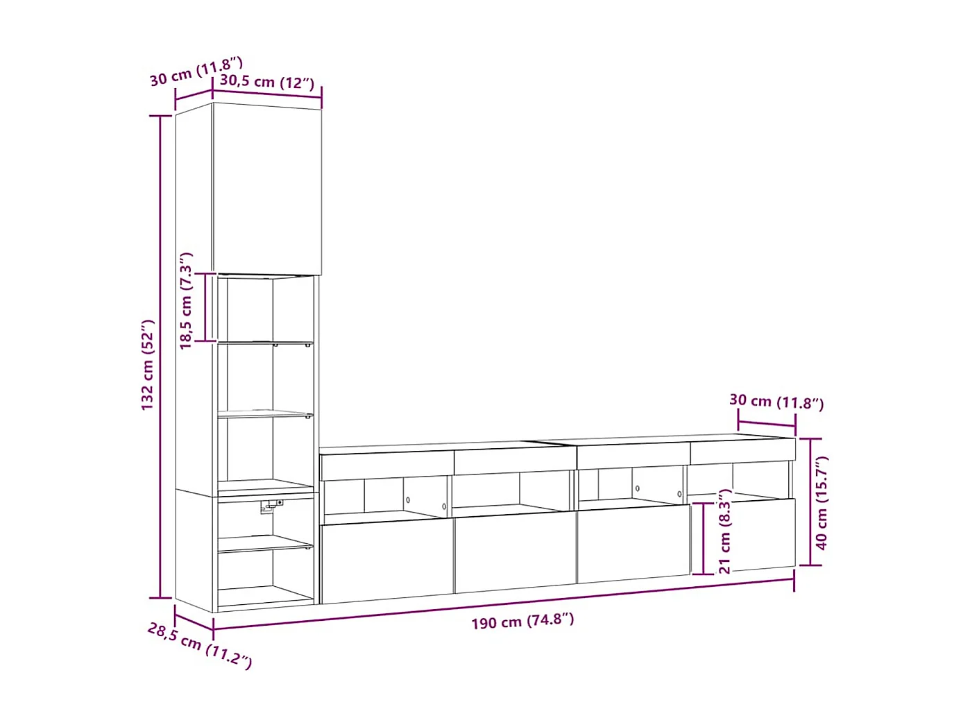 Unités murales TV avec LED 4 pcs chêne sonoma bois d'ingénierie