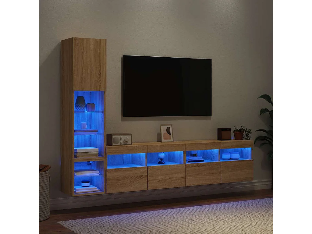 4-delige Tv-wandmeubelset met LED bewerkt hout sonoma eiken