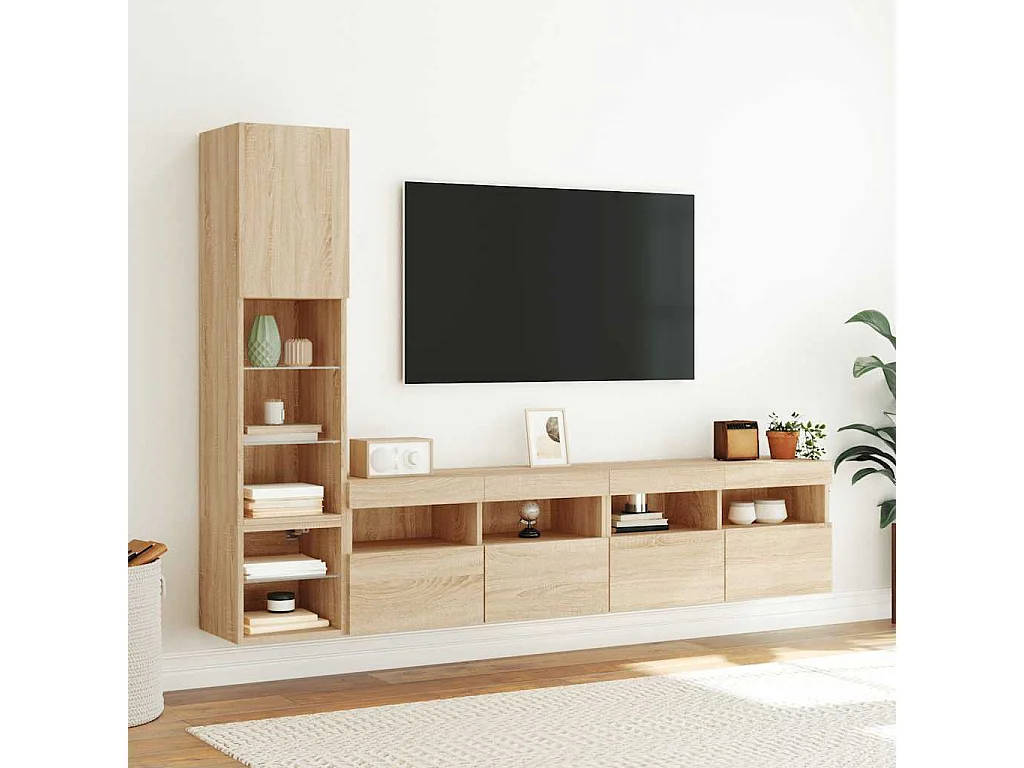 4-delige Tv-wandmeubelset met LED bewerkt hout sonoma eiken