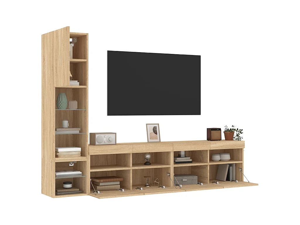 4-delige Tv-wandmeubelset met LED bewerkt hout sonoma eiken