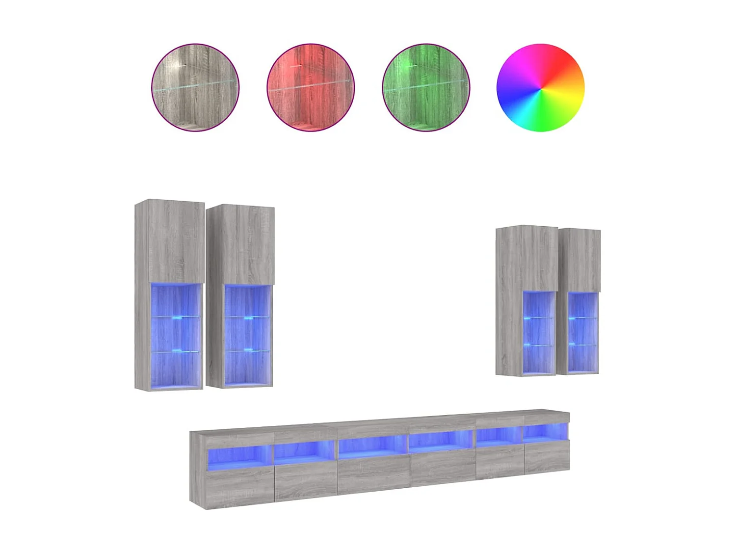 Set Mobili TV a Muro 7 pz con Luci LED Grigio Sonoma