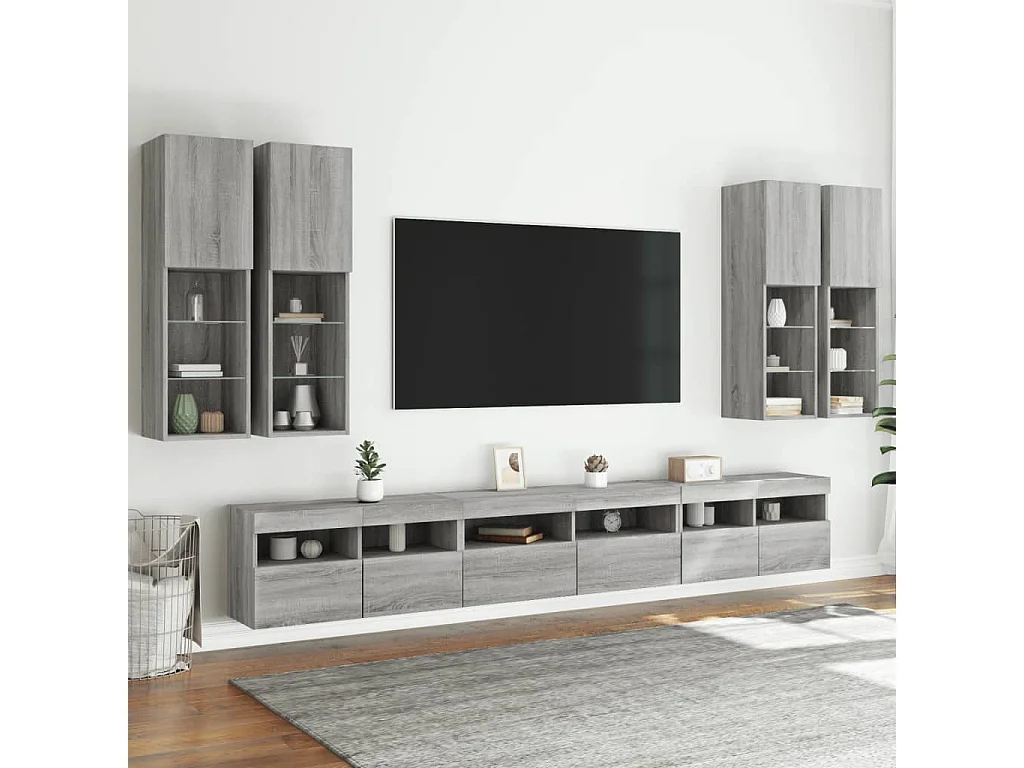 Set Mobili TV a Muro 7 pz con Luci LED Grigio Sonoma