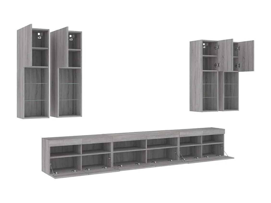 Set Mobili TV a Muro 7 pz con Luci LED Grigio Sonoma