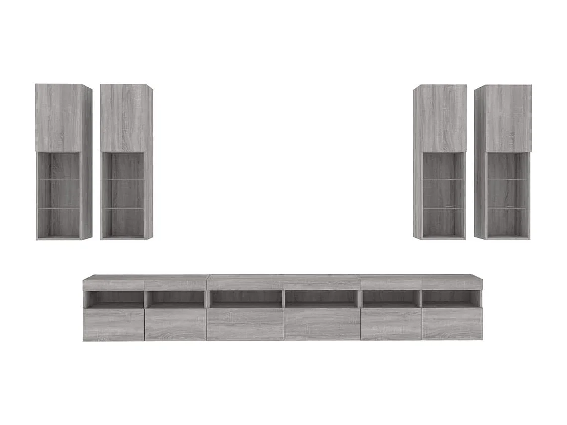 Set Mobili TV a Muro 7 pz con Luci LED Grigio Sonoma
