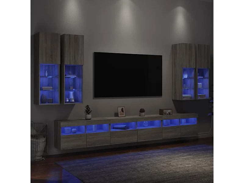 Set Mobili TV a Muro 7 pz con Luci LED Grigio Sonoma